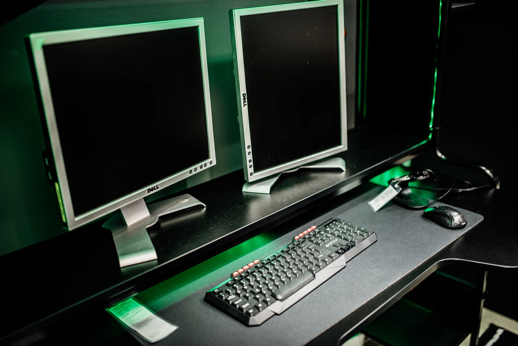 Gaming room with two monitors, keyboard, and mouse