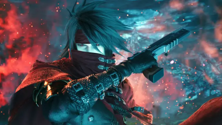 Final Fantasy VII artwork showing a masked character holding a sword amid red and blue light
