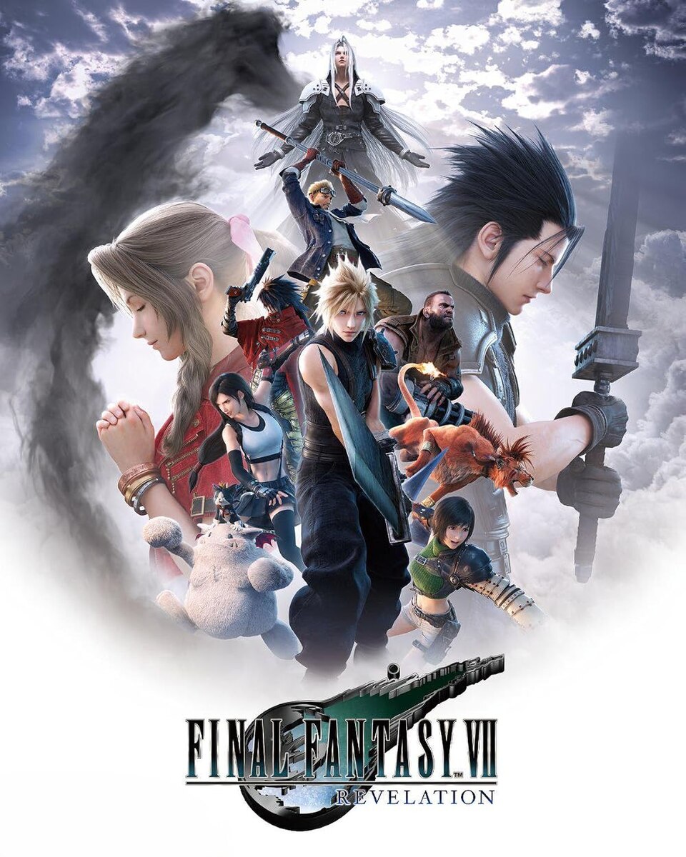 Final Fantasy VII artwork featuring Cloud, Sephiroth, and other characters