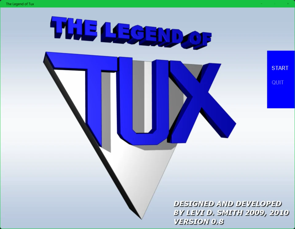 The Legend of Tux title screen from a freely licensed platform game.