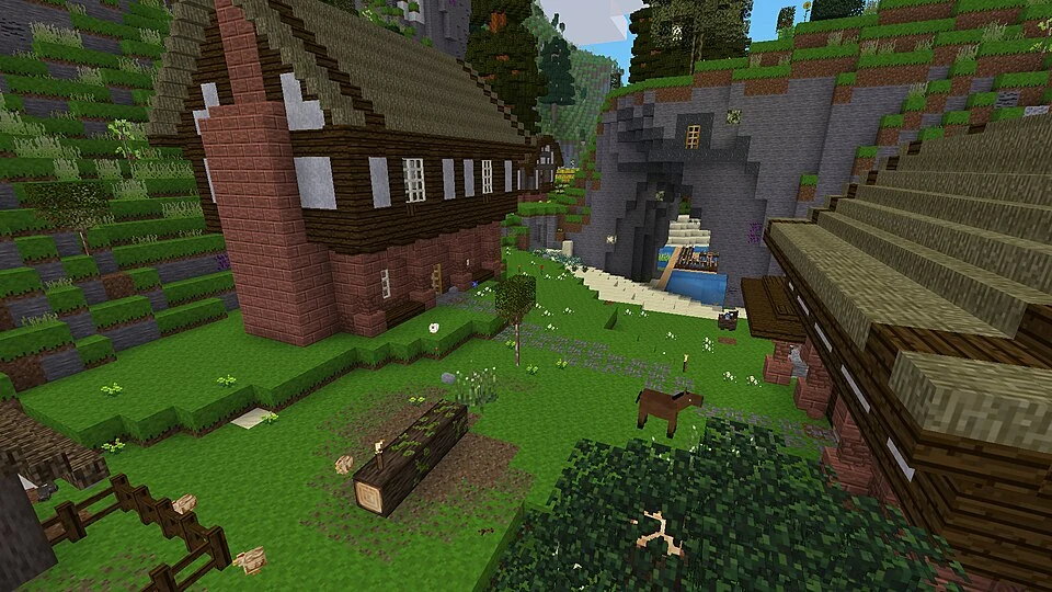 Minetest gameplay with animals and a village, another screenshot from the same free sandbox game