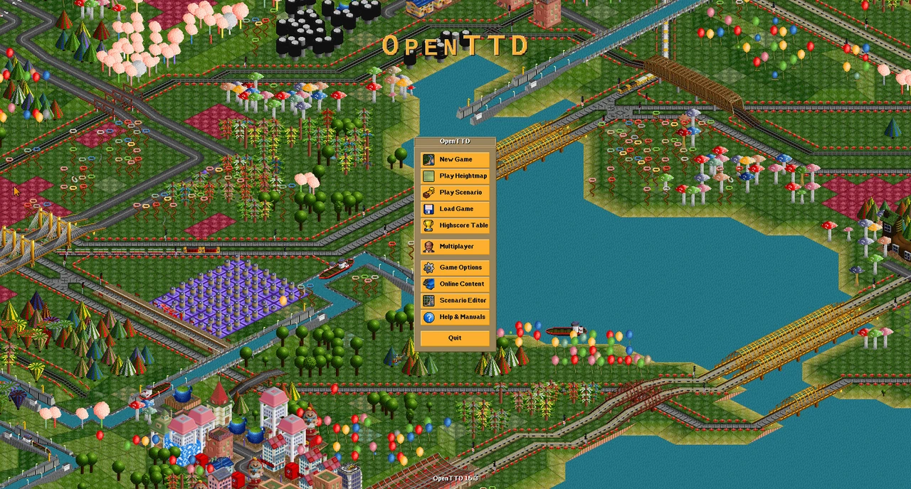 OpenTTD 15.3 city and transport management gameplay.