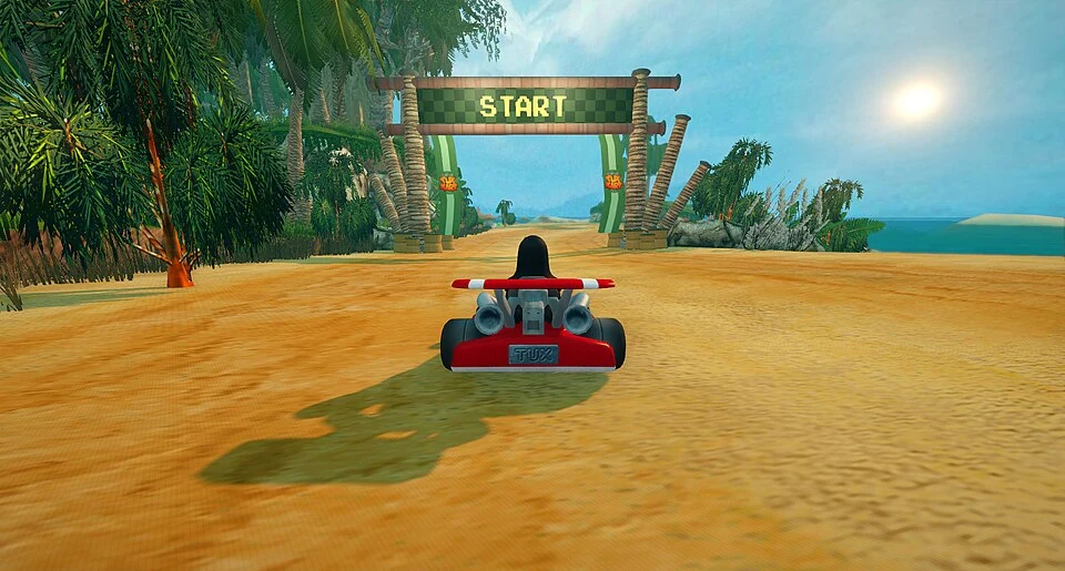 SuperTuxKart racing gameplay illustrating quick-session arcade design.