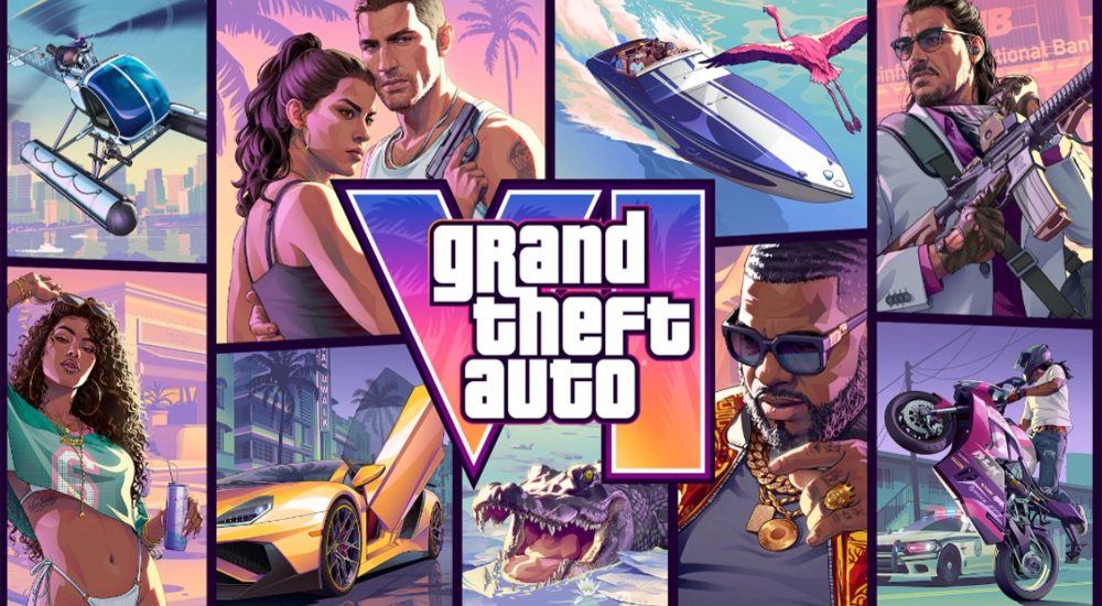 Grand Theft Auto artwork featuring character portraits, vehicles, and the series logo