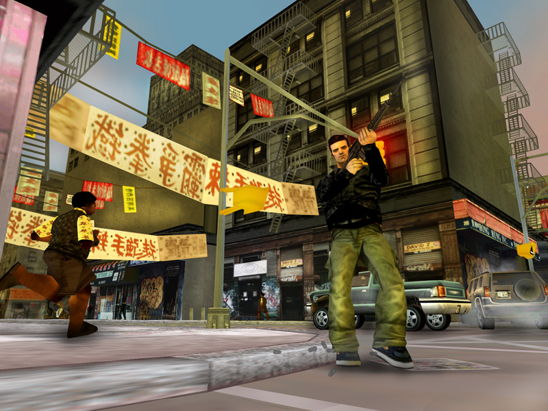 Grand Theft Auto screenshot showing a character on a busy urban street