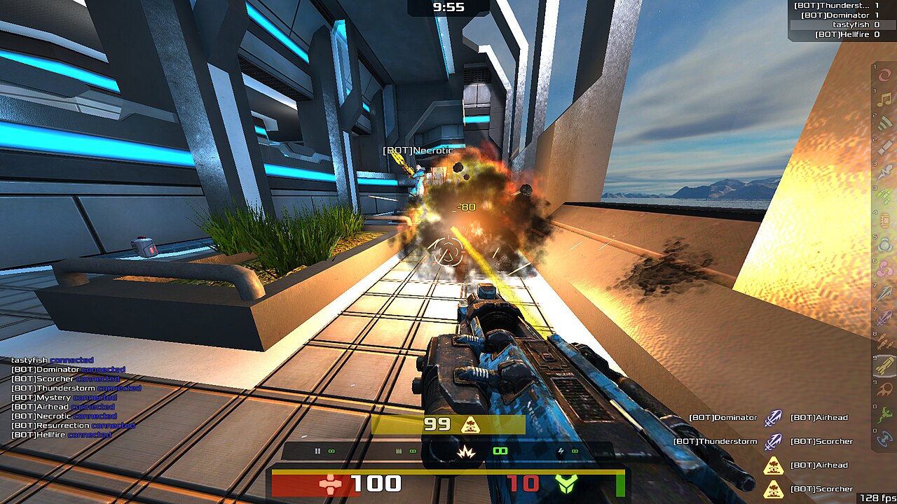 Xonotic arena gameplay showing a rocket launch in a free multiplayer shooter.